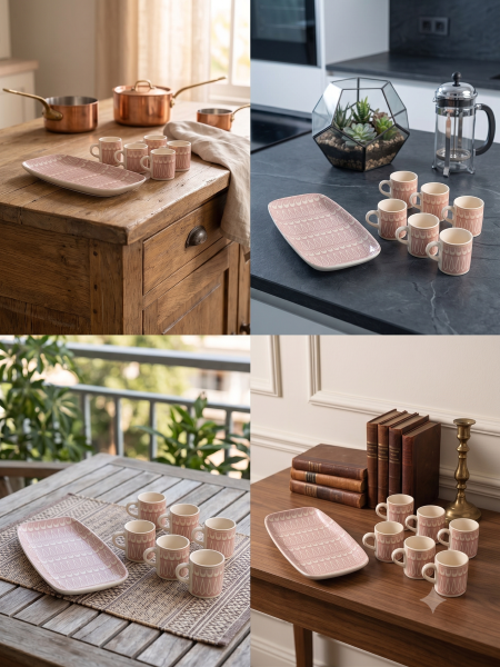 Anupam Premium 7-Piece Pink Ceramic Tea Cup & Serving Tray Set | 6 Cups with Matching Designer Tray