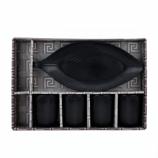 Anupam Premium Black 5-Piece Serving Set with Leaf-Shaped Platter & 4 Tumblers | Elegant Tableware Set