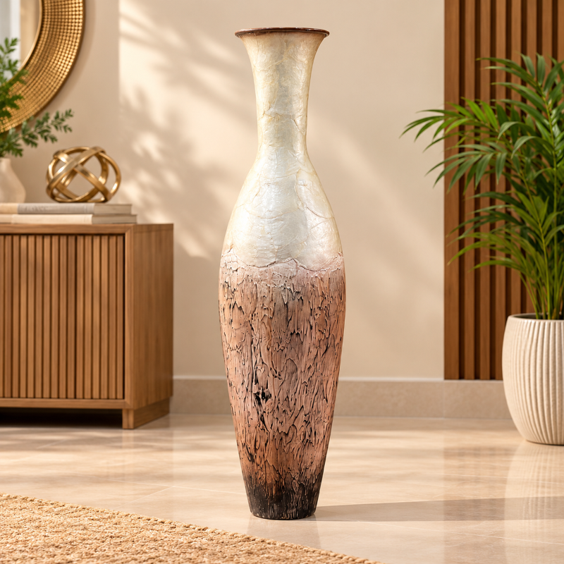 Ivory & Brown Wood-Grain Textured Metal Floor Vase - 29 inches (H) × 8 inches (W) - image 1