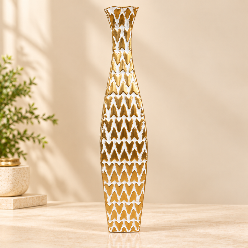 Gold & White Geometric Textured Metal Floor Vase - 28.5 inches (H) × 5.5 inches (W) - image 1