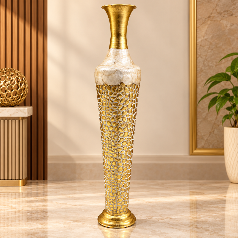 Gold & Ivory Mosaic-Effect Textured Metal Floor Vase - 36 inches (H) × 7 inches (W) - image 1