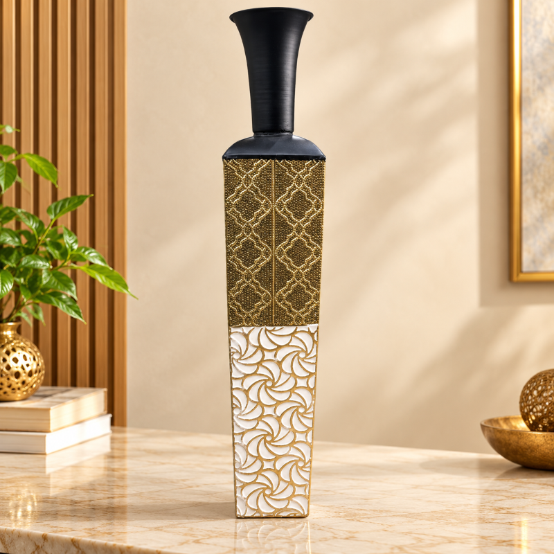 Anupam Black, Gold & Ivory Geometric Metal Floor Vase, 32 Inch Height × 7 Inch Width, Decorative Flower Vase for Living Room, Entryway & Home Decor