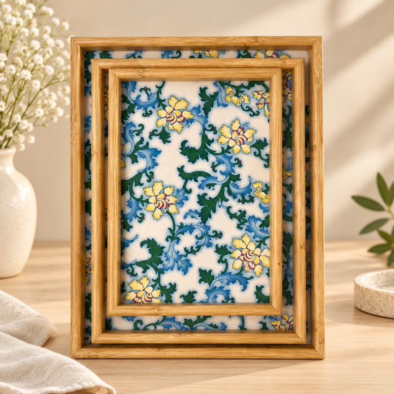 Anupam Premium Blue Floral Pattern Decorative Rectangular Tray | Golden Frame Style Display & Serving Tray for Home and Table Decor - Size: 16 x 12 x 1 Inches (L x W x H)