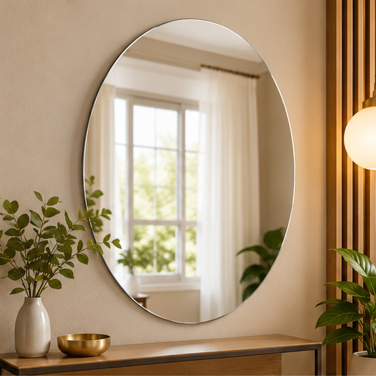 Anupam Modern Oval Plastic Frame Wall Mirror Sticker with Soft Rounded Shape | Decorative Bedroom Bathroom and Vanity Reflective Mirror