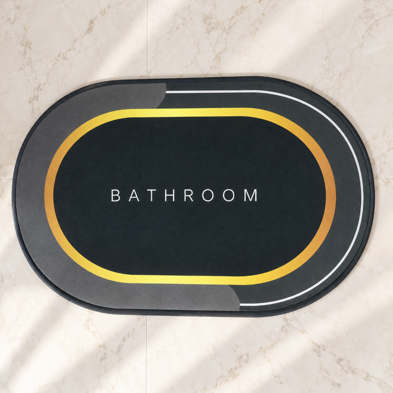 Anupam Black Oval BATHROOM Printed Floor Mat with Gold Accent Border | Non Slip Style Bathroom Door Mat and Entrance Rug view 1