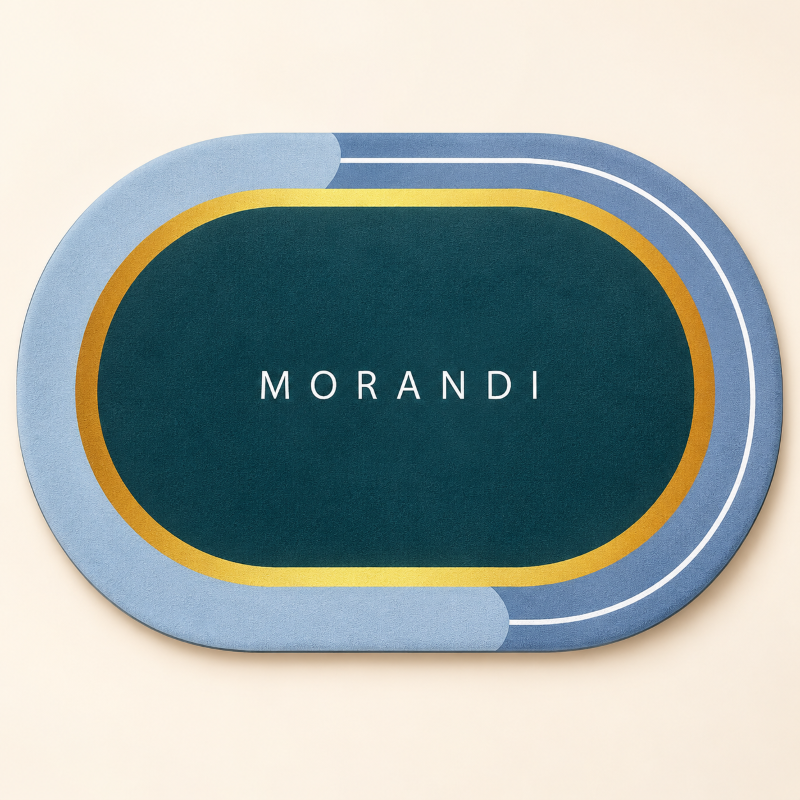 Anupam Blue and Teal MORANDI Printed Oval Floor Mat with Gold Accent | Modern Bathroom Bedroom Entryway Door Mat view 1