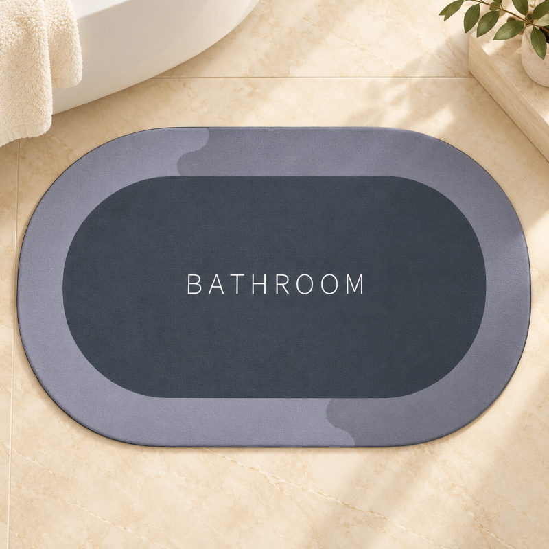 Anupam Grey BATHROOM Printed Oval Floor Mat with Soft Contrast Border | Minimal Bathroom Entryway Door Mat view 1