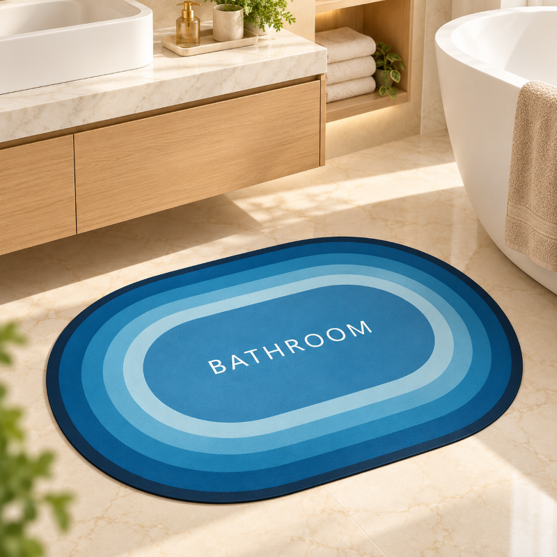 Anupam Blue Layered Oval BATHROOM Printed Floor Mat with Contemporary Rings | Decorative Non Slip Style Bath Rug
