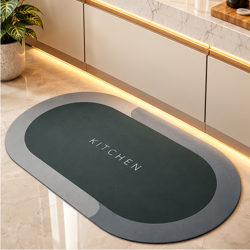 Anupam Charcoal Green KITCHEN Printed Oval Floor Mat | Modern Washable Style Kitchen Bathroom Entryway Rug