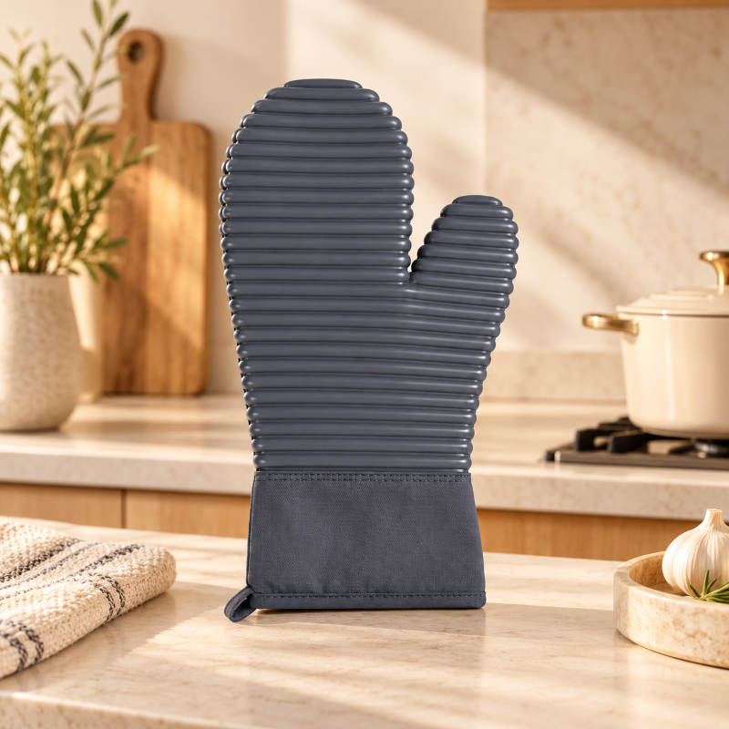 Anupam Charcoal Grey Quilted Insulated Oven Mitt | Ribbed Kitchen Heat Protection Glove for Baking & Cooking