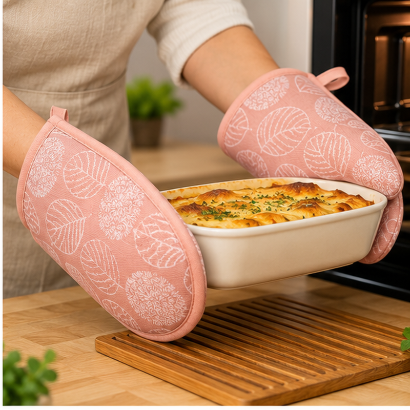 Anupam Blush Pink Leaf Print Quilted Oven Mitt Pair | Premium Insulated Baking Gloves for Kitchen Cooking
