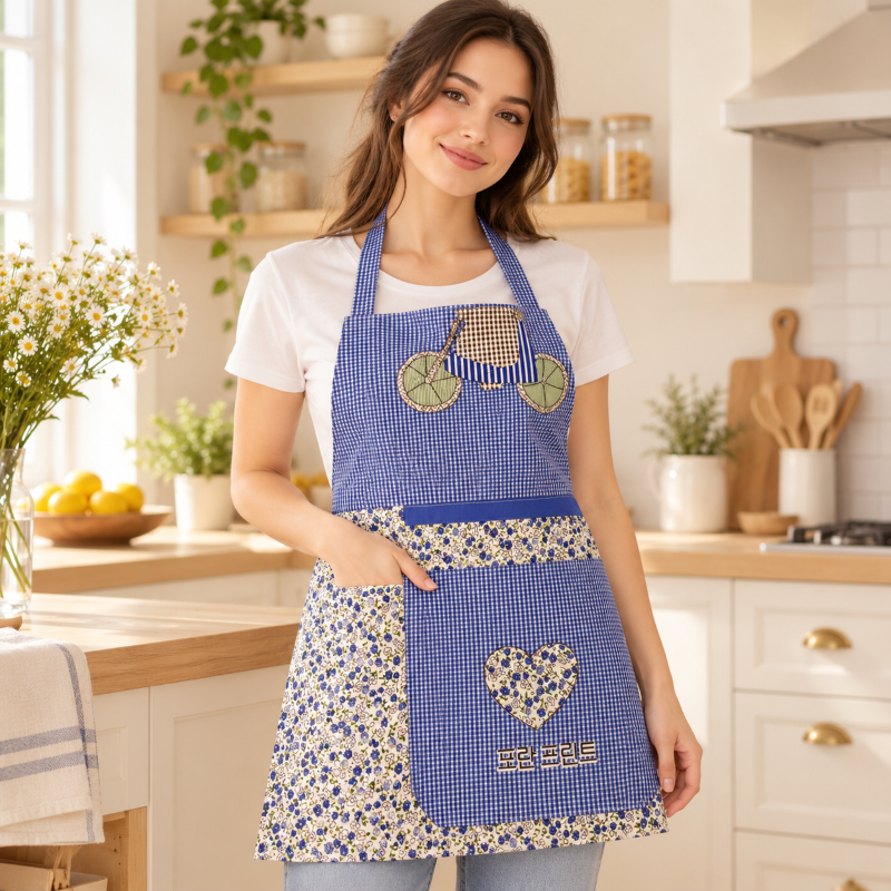 Anupam Designer Navy Blue & Cream Floral Kitchen Apron with Pocket | Pretty Cooking Baking & Home Chef Apron