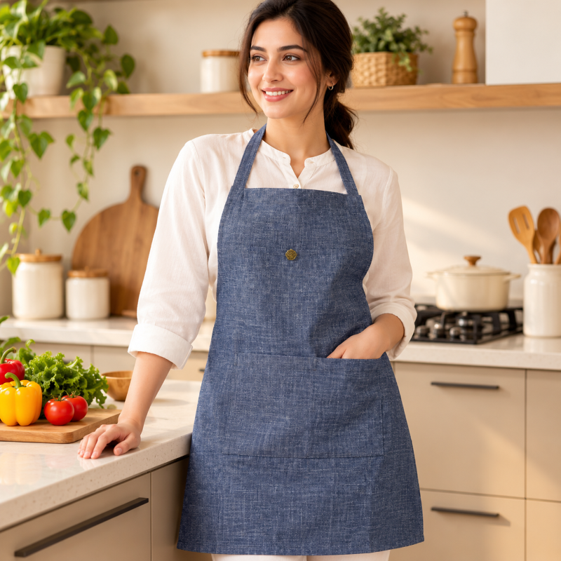 Anupam Premium Denim Blue Textured Kitchen Apron with Front Pocket | Modern Chef Apron for Cooking Baking & Home Use