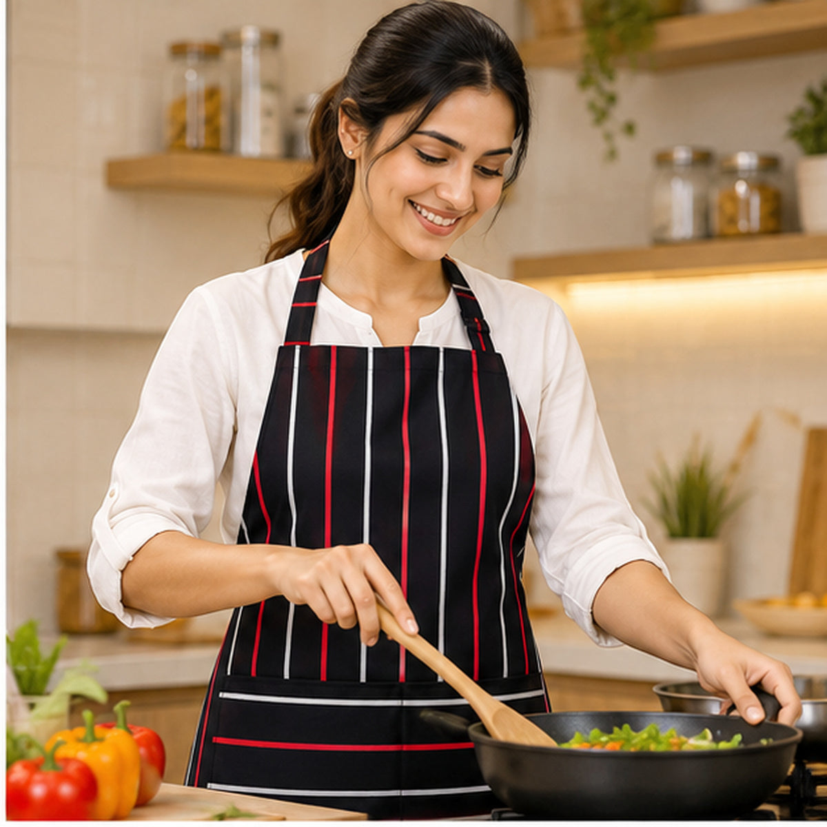 Anupam Black Red & White Pinstripe Kitchen Apron | Stylish Restaurant Chef Look Cooking and Baking Apron