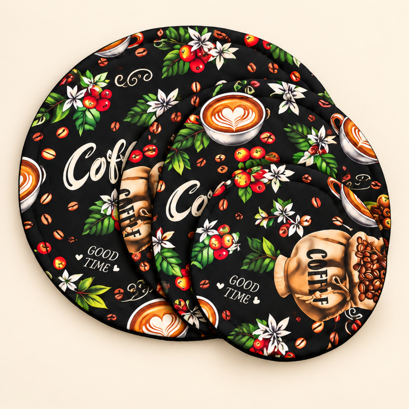 Anupam Black Coffee & Multicolour Round Quilted Table Mat | Decorative Padded Printed Dining Protector & Cafe Style Decor