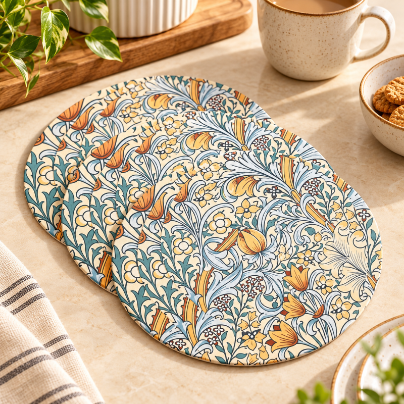 Pastel Blue Gold Paisley Floral round quilted table mat photo 1
