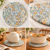 Pastel Blue Gold Paisley Floral round quilted table mat photo 2
