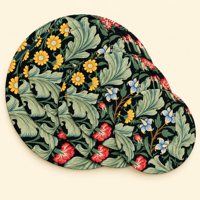 Anupam Black Tropical Green Floral Quilted Round Table Mat | Stylish Botanical Padded Dining Table Protector