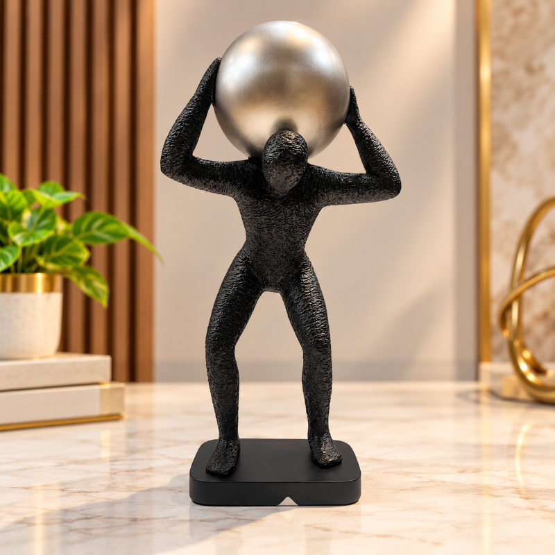 Anupam Modern Atlas Man Holding Silver Sphere Figurine Premium Black Polyresin Metallic Art Home Decor Showpiece