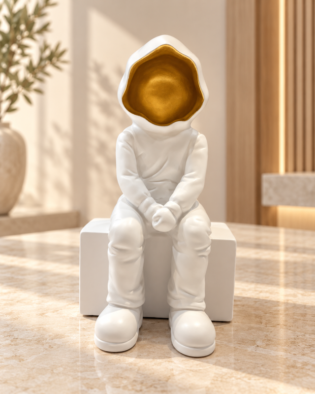 Anupam Modern Sitting Boy Figurine with Gold Mirror Face Premium Polyresin White & Metallic Gold Home Decor Showpiece
