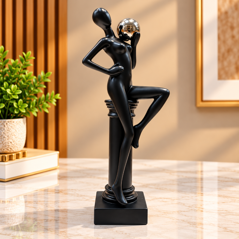 Anupam Modern Abstract Lady Figurine with Silver Metallic Sphere Black Art Showpiece for Home & Office Decor