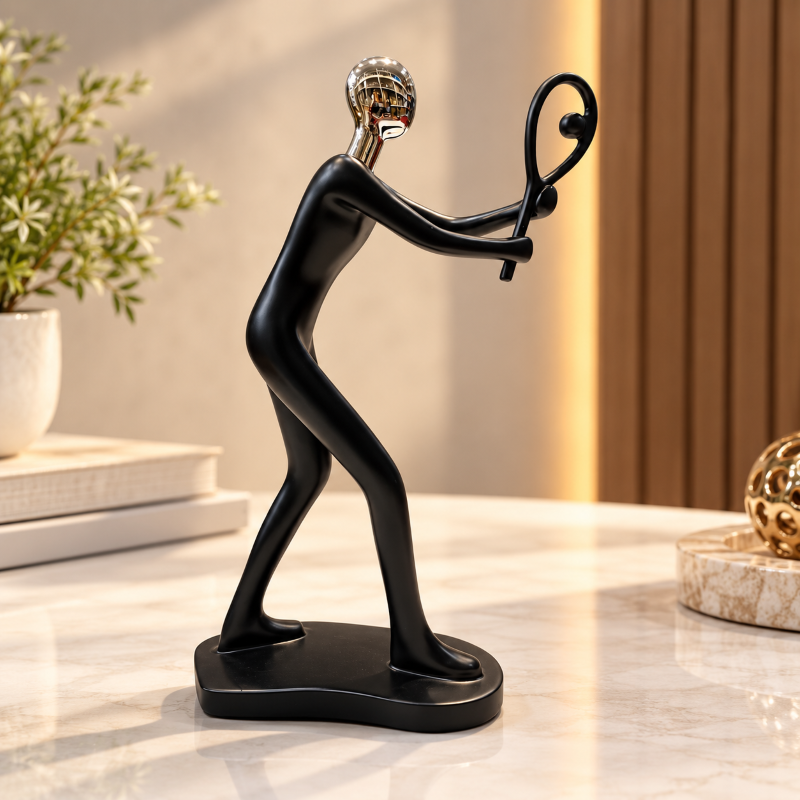 Anupam Modern Tennis Player Figurine with Metallic Silver Head Premium Black Polyresin Artistic Home Decor Showpiece