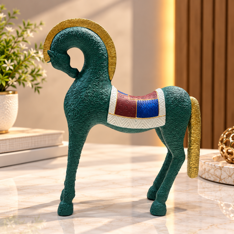 Anupam premium green horse figurine with gold and multicolor saddle decor