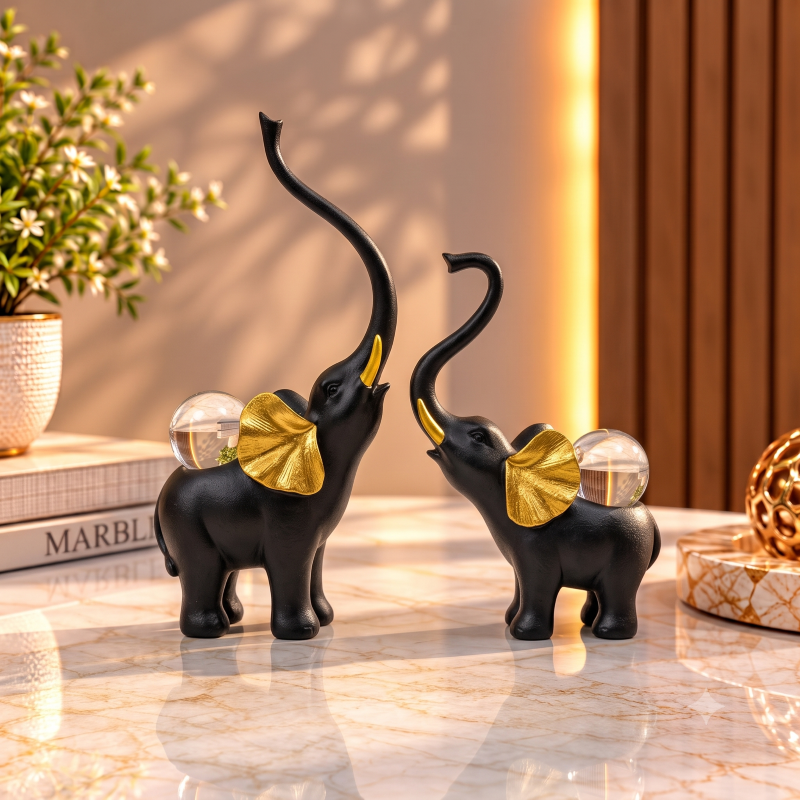 Anupam Premium Black & Metallic Gold Elephant Couple Figurine Set with Crystal Orb Accent Polyresin Art Showpiece for Home & Office Decor
