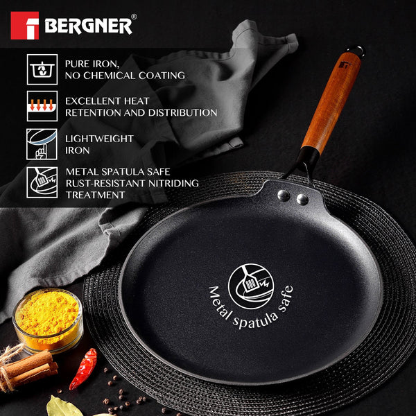 Odin Lightweight Iron Dosa Tawa with Wooden Coated Handle