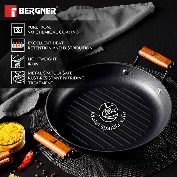 Odin 28 cm Lightweight Iron Grill Plate with Wooden Coated Handle