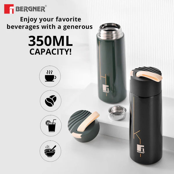 Bergner Walking Stainless Steel Vaccum Bottle 350ml, Black