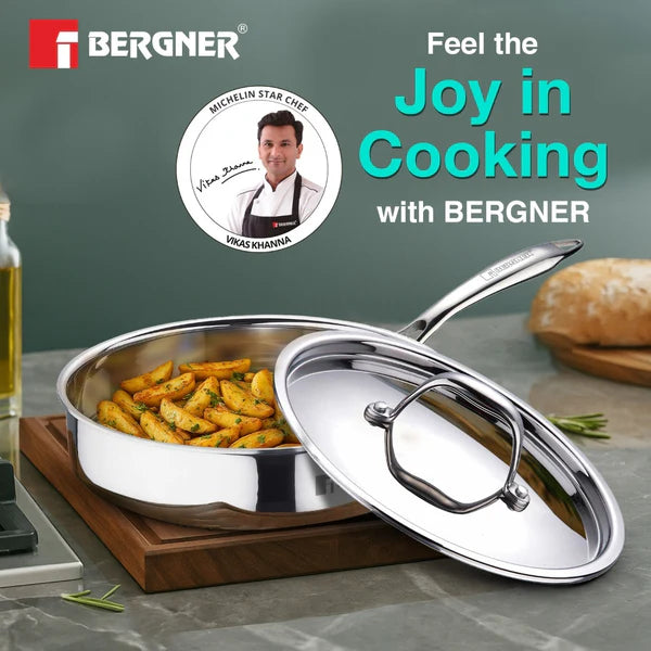 BERGNER Argent TriPly Stainless Steel 22 cm (1.8 L) Sautepan with Stainless Steel Lid, Stay Cool Cast Handle, Healthy Cooking, Less Oil Use, Food Safe, Durable - Induction and Gas Stove Ready