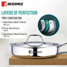 BERGNER Argent TriPly Stainless Steel 22 cm (1.8 L) Sautepan with Stainless Steel Lid, Stay Cool Cast Handle, Healthy Cooking, Less Oil Use, Food Safe, Durable - Induction and Gas Stove Ready