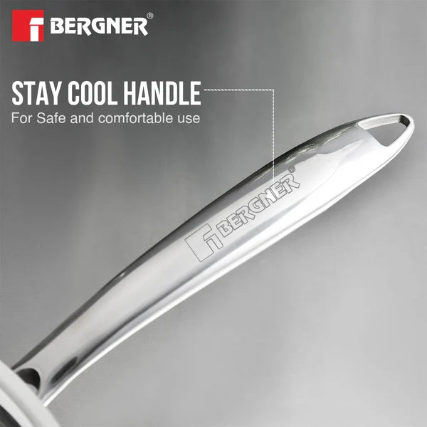 BERGNER Argent TriPly Stainless Steel 22 cm (1.8 L) Sautepan with Stainless Steel Lid, Stay Cool Cast Handle, Healthy Cooking, Less Oil Use, Food Safe, Durable - Induction and Gas Stove Ready