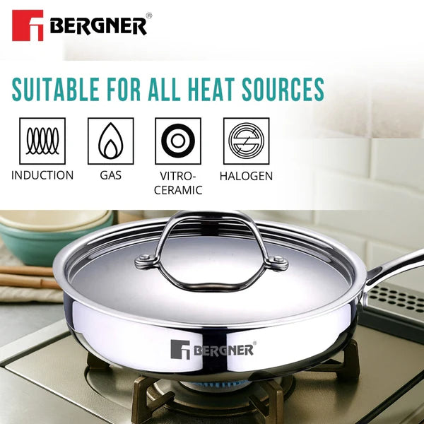 BERGNER Argent TriPly Stainless Steel 22 cm (1.8 L) Sautepan with Stainless Steel Lid, Stay Cool Cast Handle, Healthy Cooking, Less Oil Use, Food Safe, Durable - Induction and Gas Stove Ready
