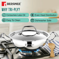 Argent Tri-Ply Stainless Steel Kadhai With Lid