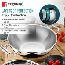 Argent Tri-Ply Stainless Steel Kadhai With Lid