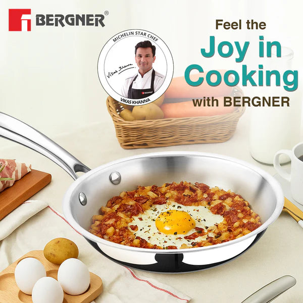 BERGNER Argent Triply 24cm Stainless Steel Frypan, Less Oil Use, Induction Bottom Cookware