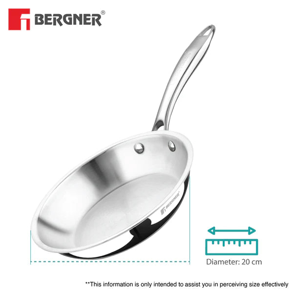 BERGNER Argent Triply 24cm Stainless Steel Frypan, Less Oil Use, Induction Bottom Cookware