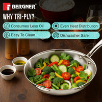 BERGNER Argent Triply 24cm Stainless Steel Frypan, Less Oil Use, Induction Bottom Cookware