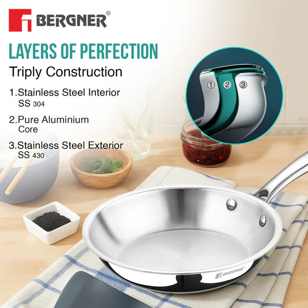 BERGNER Argent Triply 24cm Stainless Steel Frypan, Less Oil Use, Induction Bottom Cookware