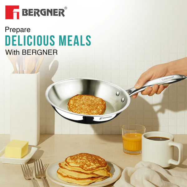 BERGNER Argent Triply 24cm Stainless Steel Frypan, Less Oil Use, Induction Bottom Cookware