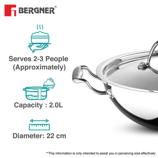 Argent Tri-Ply Stainless Steel Kadhai With Lid