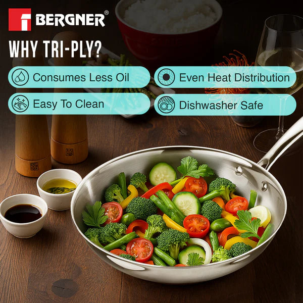 BERGNER Argent Triply Stainless Steel Cookware Set, Less Oil Use, Induction Bottom Cookware
