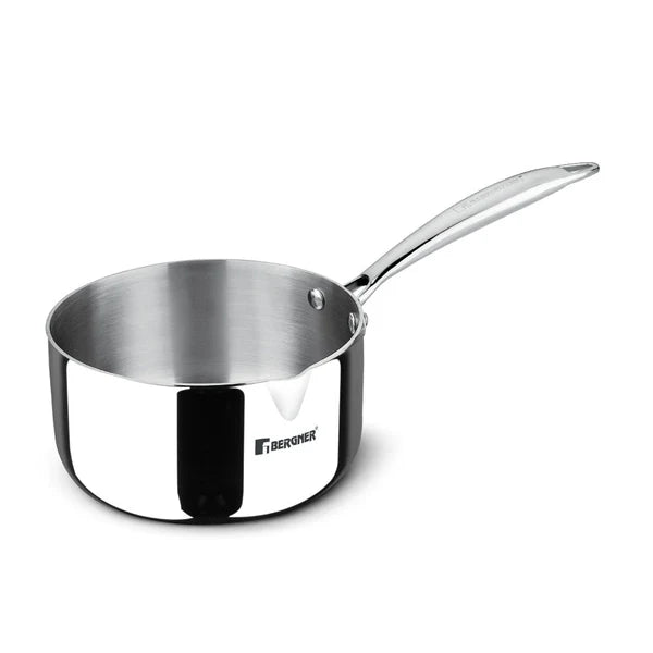 Bergner Argent 20cm (2.9 L) Triply Milkpan/Saucepan/Teapan with Pour Spout, Stay Cool Cast Handle, Food Safe, Healthy Cooking, Faster and Even Heat Distribution - Induction and Gas Stove Ready