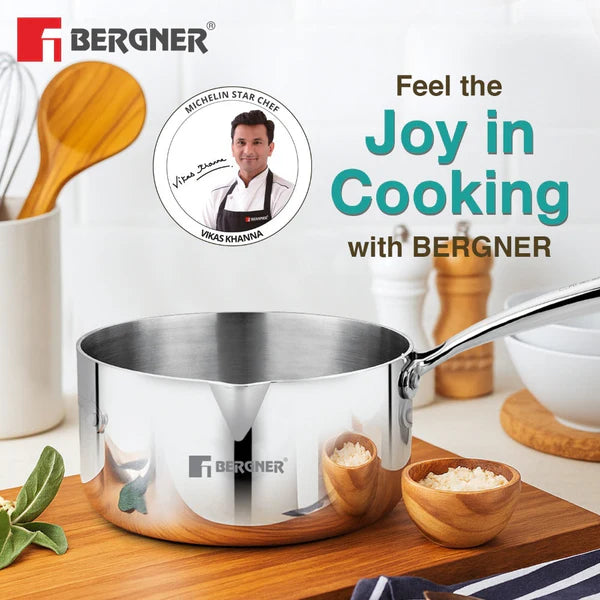 Bergner Argent 20cm (2.9 L) Triply Milkpan/Saucepan/Teapan with Pour Spout, Stay Cool Cast Handle, Food Safe, Healthy Cooking, Faster and Even Heat Distribution - Induction and Gas Stove Ready