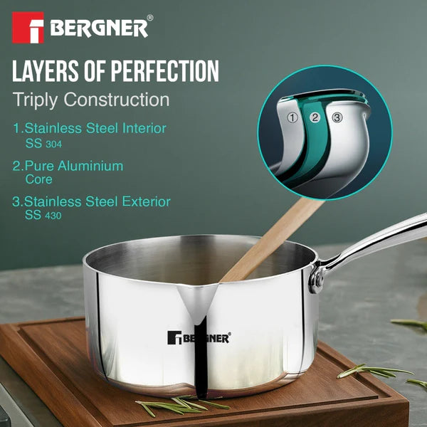 Bergner Argent 20cm (2.9 L) Triply Milkpan/Saucepan/Teapan with Pour Spout, Stay Cool Cast Handle, Food Safe, Healthy Cooking, Faster and Even Heat Distribution - Induction and Gas Stove Ready