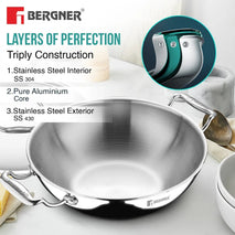 Argent Tri-Ply Stainless Steel Deep Kadai With Lid