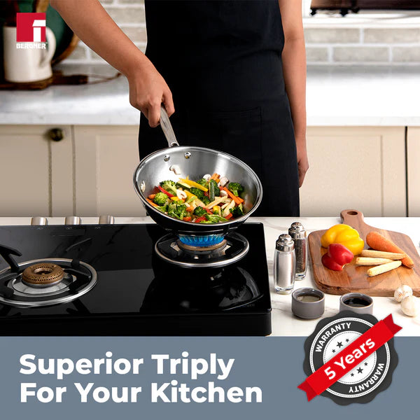 Tri-Ply Stainless Steel Wok With Lid 22Cm