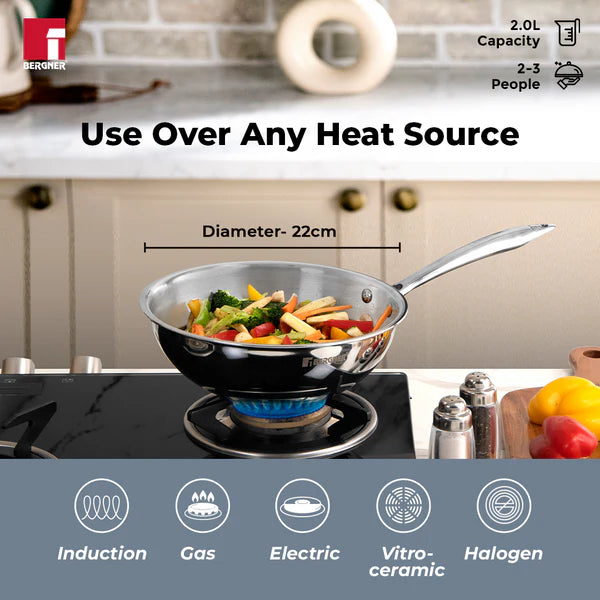 Tri-Ply Stainless Steel Wok With Lid 22Cm